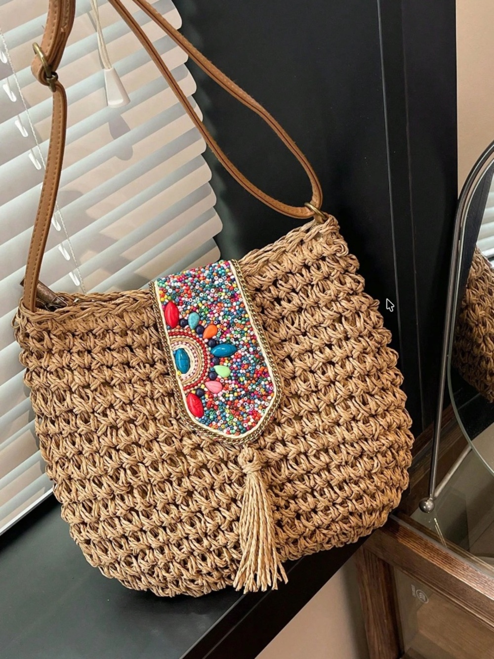 Boho colorful Beaded Straw Shoulder Crossbody Bag